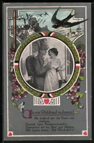 AK Soldat mit Pickelhaube und Frau im Schwalben-Passepartout, Als wir Abschied nahmen