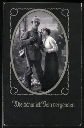 AK Soldat mit Pickelhaube und Frau im Passepartout, Mein Glück bist du