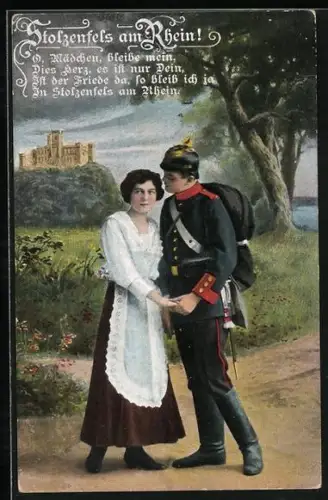 AK Stolzenfels am Rhein, Soldat in Uniform mit Frau und Gedicht