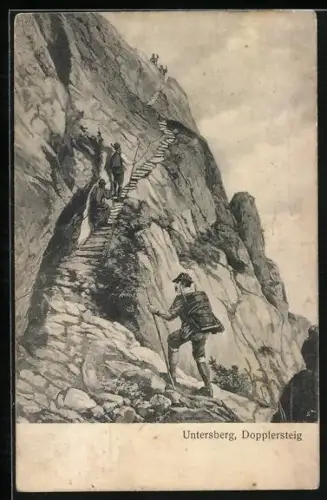 Künstler-AK Dopplersteig am Untersberg, Bergsteigen