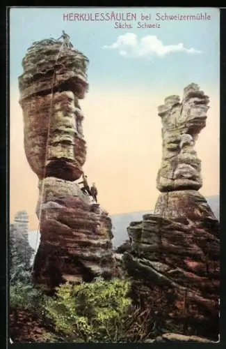 AK Schweizermühle /Sächsische Schweiz, Herkulessäulen mit Kletterern