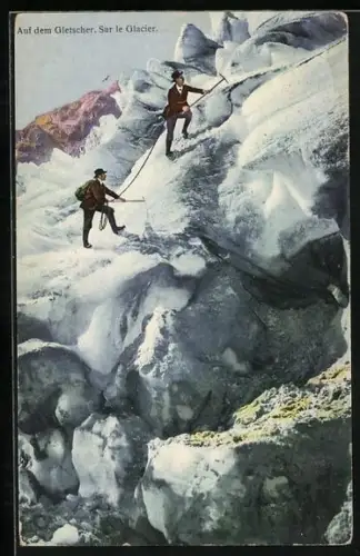 AK Auf dem Gletscher, Zwei Bergsteiger mit Hacken u. Seil