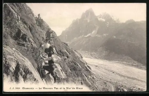 AK Chamonix, Le Mauvais Pas et la Mer de Glace, Bergsteiger vor Gletscher