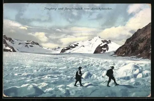 AK Aletschgletscher, Zwei Bergsteiger gegen Trugberg und Jungfraujoch
