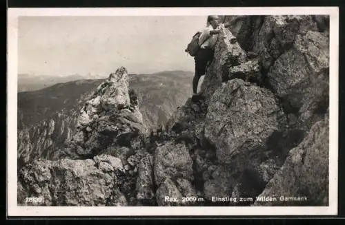 AK Rax, Kletterer beim Einstieg zum Wilden Gamseck