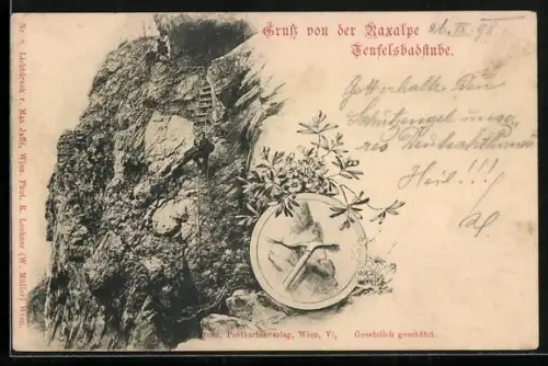 AK Raxalpe, Kletterer an der Teufelsbadstube, Spitzhacke