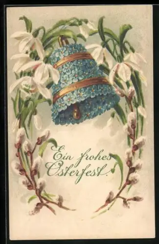 AK Ostergrüsse, Blumenbild einer Glocke aus Vergissmeinnicht