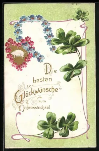 AK Neujahr, Klee & Hufeisen aus Vergissmeinnicht