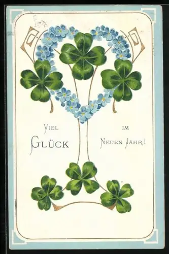 AK Herz aus Vergissmeinnicht mit Kleeblättern, Blumenbild, Neujahrsgruss