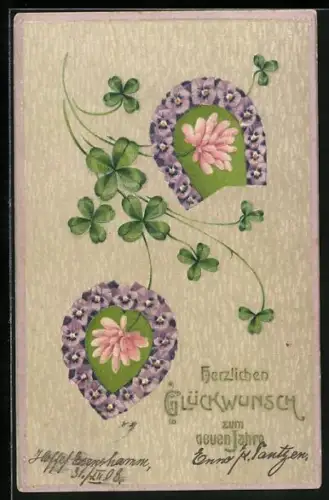 Präge-AK Neujahrsgrüsse, Hufeisen und Herz aus Veilchen