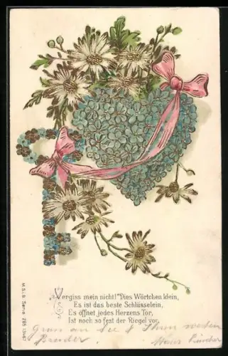 Präge-AK Blumenbild, Herz aus Vergissmeinnicht, Gold verziert mit Gedicht