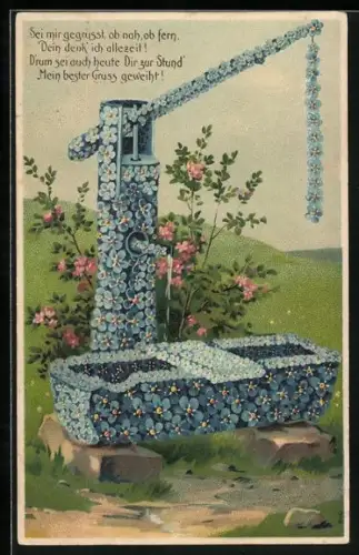 Präge-AK Blumenbild, Wasserpumpe aus Vergissmeinnicht mit Gedicht
