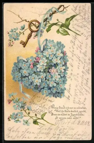 AK Blumenbild mit Herz aus Vergissmeinnicht und Schlüssel mit Gedicht