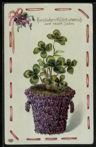 AK Neujahrsgrüsse, Topf aus Veilchen mit Kleeblättern