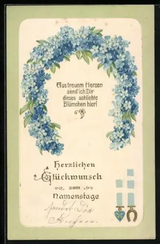 Präge-AK Namenstag, Kranz aus Vergissmeinnicht und Gedicht