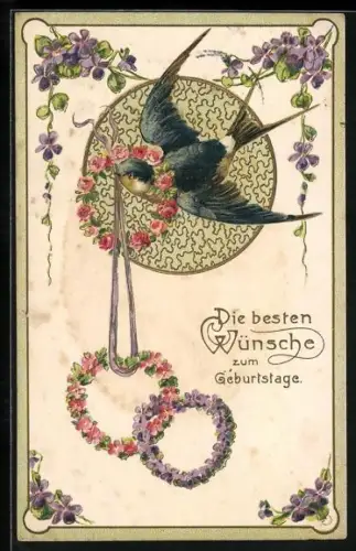Präge-AK Geburtstagsgrüsse, Blumenbild mit Schwalbe und Blumenkränzen