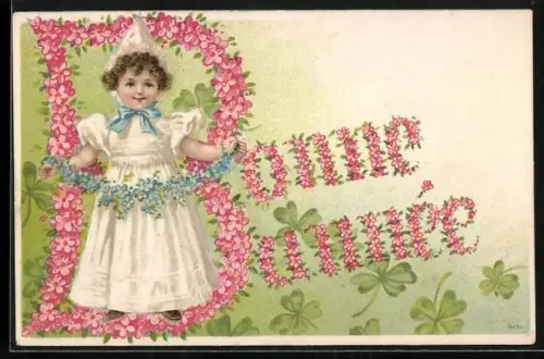 Präge-AK Bonne Année, Blumenschrift mit kleinem Mädchen und Kleeblättern