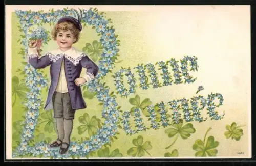 Präge-AK Bonne Année, Blumenschrift mit Knabe und Kleeblättern