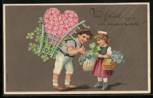 Präge-AK Neujahrsgrüsse, Junge mit Blumenherz und Kleeblättern im Erntekorb und Mädchen