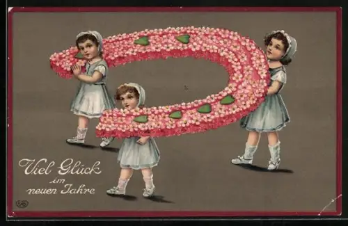 Künstler-AK Kinder mit Hufeisen aus Blumen