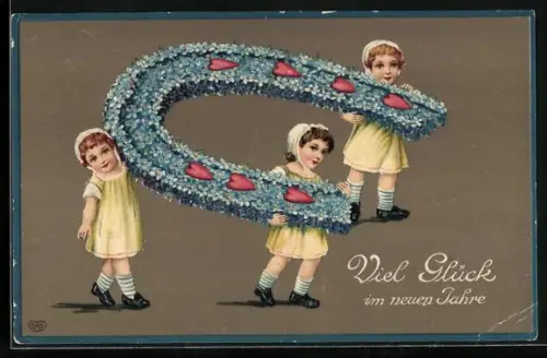 Präge-AK Neujahrsgrüsse, Kinder tragen grosses Hufeisen aus Vergissmeinnicht mit Herzen