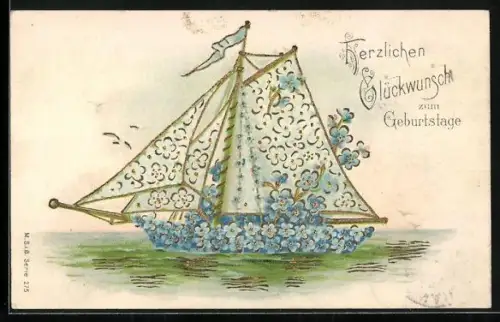Präge-AK Geburtstagsgrüsse, Blumenbild eines Segelboots, mit Gold verziert