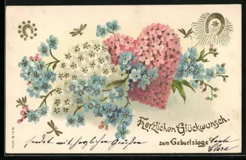 Präge-AK Geburtstagsgrüsse, Blumenbild mit Hufeisen und Kleeblättern