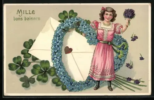 AK Mille bons baisers, Mädchen mit Herz aus Vergissmeinnicht, Brief und Kleeblättern