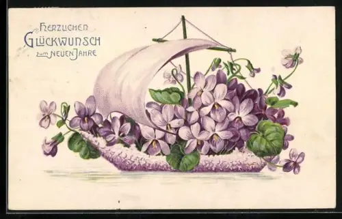 AK Blumenbild eines Schiffes aus Veilchen mit vollen Segeln