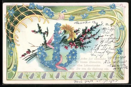 AK Blumenbild mit Anker aus Vergissmeinnicht und verziertem Rahmen