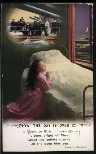 AK Betendes Mädchen am Bett denkt an Mann in der britischen Navy