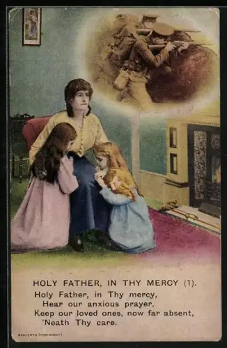 AK Mutter mit betenden Töchtern gedenkt britischem Soldat auf dem Schlachtfeld