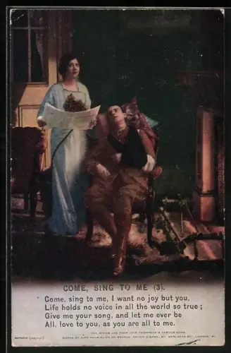 AK Versehrter britischer Soldat singt mit seiner Frau am Kamin