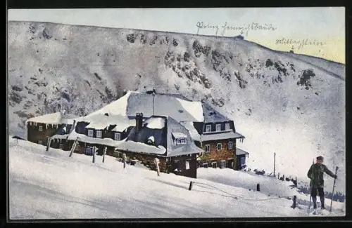 AK Hampelbaude, Berghütte mit den Teichrändern im Schnee, Riesengebirge