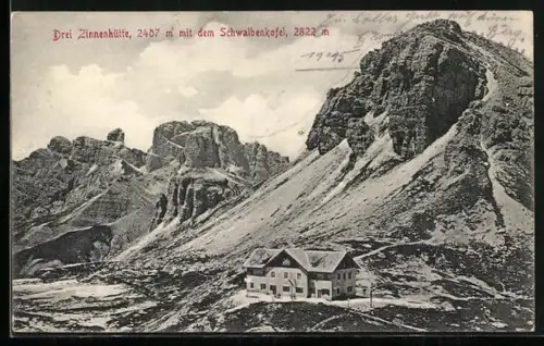 AK Drei Zinnenhütte, Berghütte mit dem Schwalbenkofel