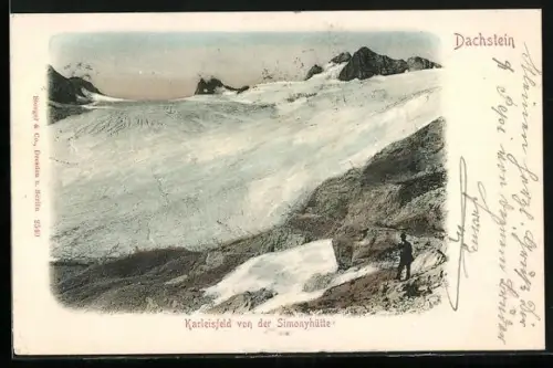 AK Simonyhütte, Berghütte auf dem Dachstein mit Blick auf Karleisfeld