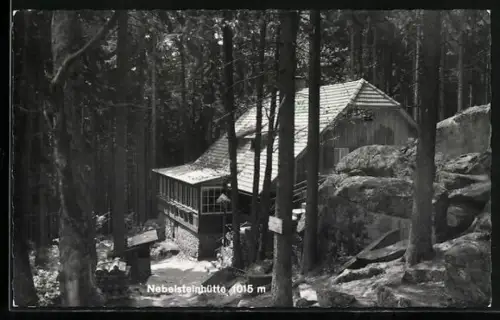 AK Nebelsteinhütte, Waldpartie mit Berghütte