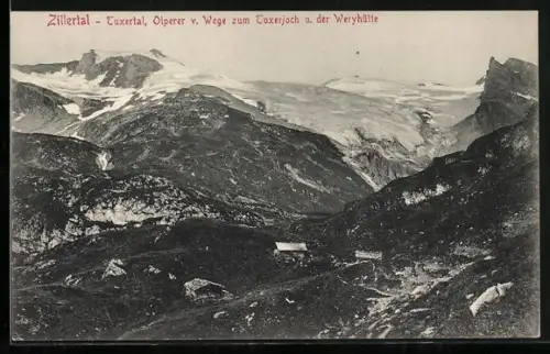 AK Weryhütte, Tuxertal, Olperer v. Wege zum Tuxerjoch und der Berghütte