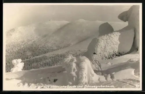 AK Schneegrubenbaude, Berghütte mit Blick auf alte schlesische Baude