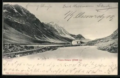 AK Flüela-Hospiz, Berghütte mit Panorama
