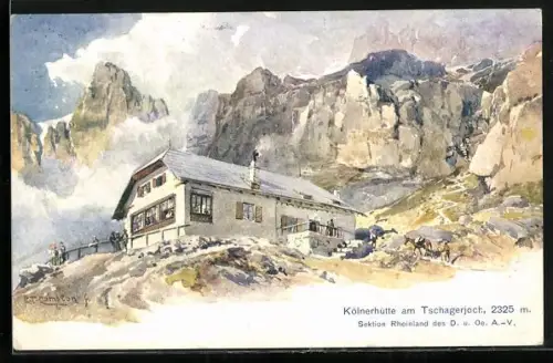 Künstler-AK Edward Theodore Compton: Kölnerhütte am Tschagerjoch mit Wanderern und Esel