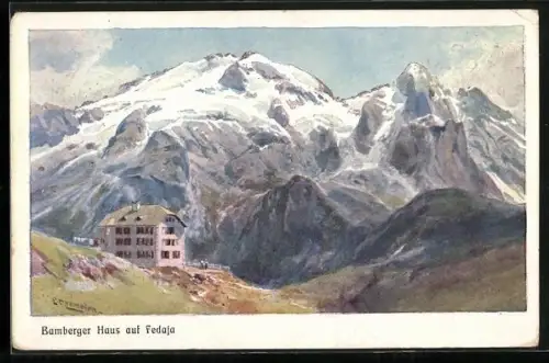 Künstler-AK Edward Theodore Compton: Bamberger Haus, Berghütte auf Fedaja mit Gebirge