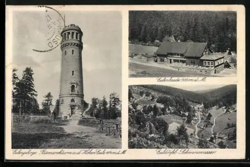 AK Euldörfel-Schwarzwasser /Eulengebirge, Panorama, Bismarckturm a. d. Hohen Eule, Eulenbaude