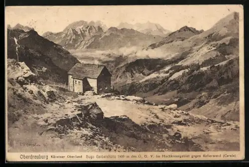 AK Hugo Gerbershütte, Berghütte des Ö. G. V. im Hochkreuzgebiet gegen Kellerwand Carnia