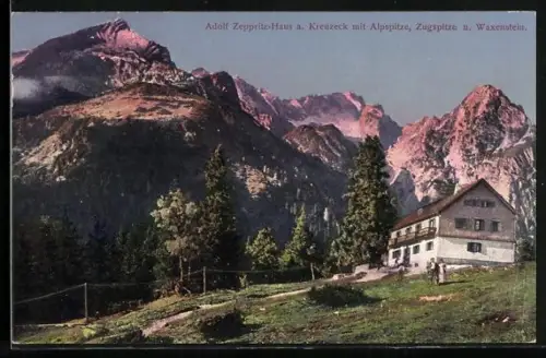 AK Adolf Zeppritz-Haus, Berghütte a. Kreuzeck mit Alpspitze, Zugspitze und Waxenstein