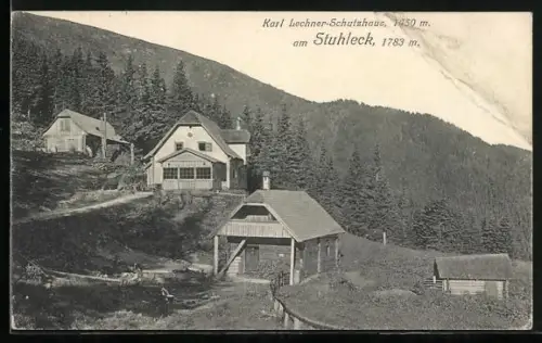 AK Karl Lechner Schutzhaus, die Hütten am Waldrand
