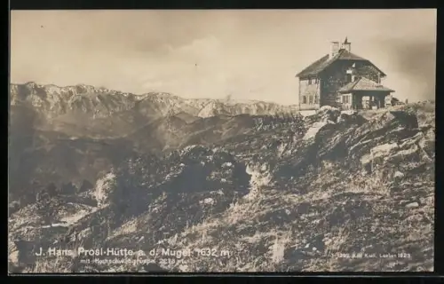 AK J. Hans Prosl-Hütte, Ansicht mit Hochschwabgruppe
