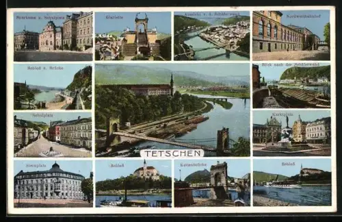 AK Tetschen, Nordwestbahnhof, Kettenbrücke, Schloss