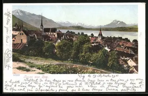 AK Zug, Ortsansicht mit Bergpanorama
