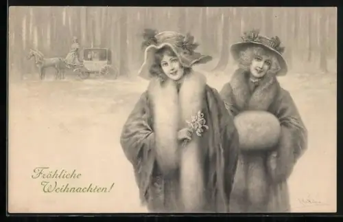 Künstler-AK Wichera: Weihnachtsgrüsse mt Damen in Pelzmanteln vor Winterlandschaft